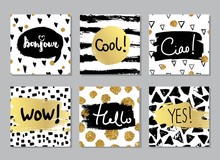 Creative Fashion Glamour Hand Drawn Calligraphic Card Set. Vector Collection Of Black, White, Gold Textured Cards. Beautiful Posters With Geometric Shapes. Sign Hello In French And Italian.