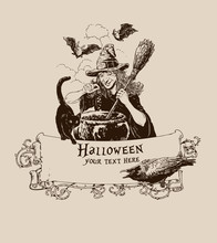 Vintage Halloween Witch Making Potion Poster Banner Mail Vector Illustration