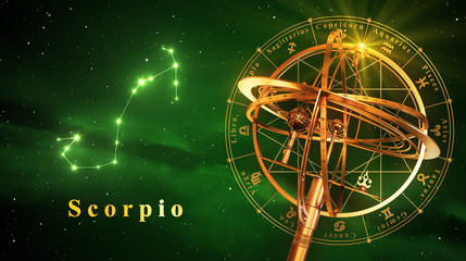 Wall Mural - armillary sphere and constellation scorpio over green background