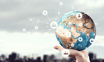 Poster - Media worldwide technology concept . Mixed media