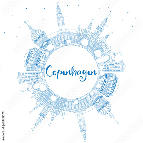Photo Outline Copenhagen Skyline with Blue Landmarks and Copy Space.