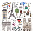 Paris hand drawn illustration. France icons and objects. Travel doodles for Paris