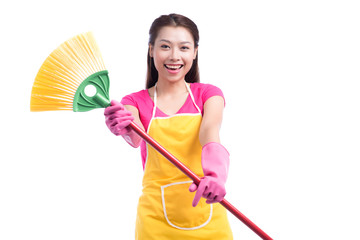 Woman doing housekeeping stuff at home isolated on white backgro