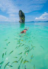 Canvas Print - Woman swimming with snorkel, Andaman Sea, Thailand