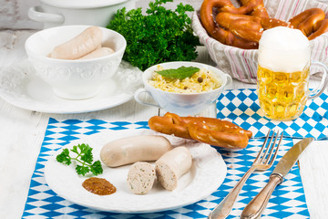 Wall Mural - Bavarian sausage with pretzel, sweet mustard and beer