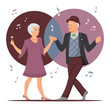Smiling, old, fashionable couple, dancing together to Celebrate Grandparents Day. Elegant is following them, leading a healthy lifestyle, old people, having fun with music, enjoy your love.