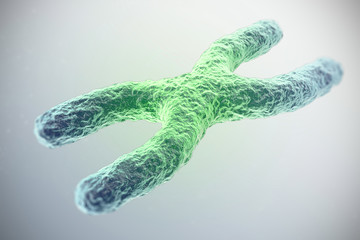 Wall Mural - X chromosome, green in the center, the concept of infection, mutation, disease, with focus effect. 3d illustration