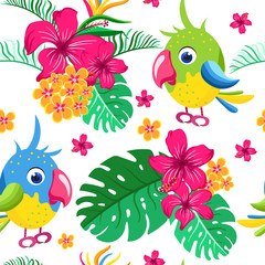 Wall Mural - Seamless pattern with cartoon parrots.