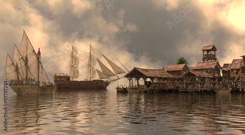 3D Illustration Sailboat On The Sea