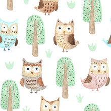 Watercolor Owls In The Woods Seamless Pattern