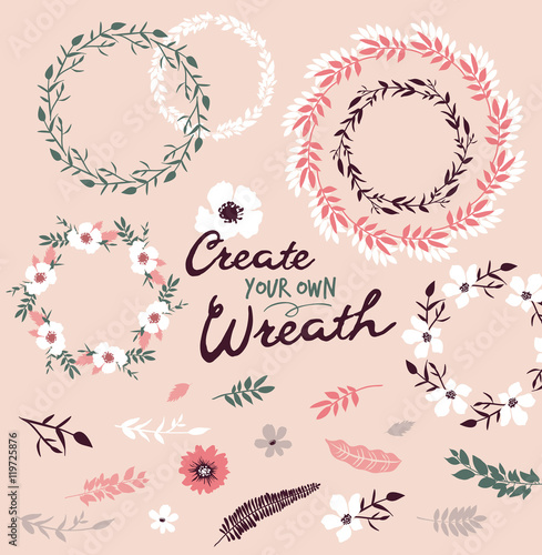 Flower wreath & set of flower elements, you can create your own wreath