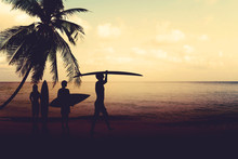 Art Photo Styles Of Silhouette Surfer On Beach At Sunset - Vintage Color Tone