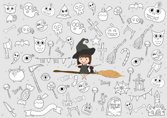 Witch cute and black cat ride on broom, halloween, doodles eleme