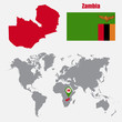 Zambia map on a world map with flag and map pointer. Vector illustration
