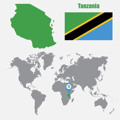 Wall Mural - Tanzania map on a world map with flag and map pointer. Vector illustration