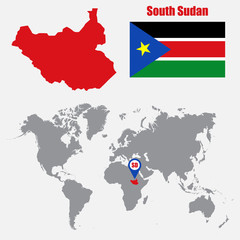 Aufkleber - South Sudan map on a world map with flag and map pointer. Vector illustration