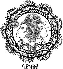 Wall Mural - Hand drawn line art of zodiac gemini. Vector