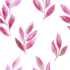 Wall Mural - watercolor pattern of pink leaves on white