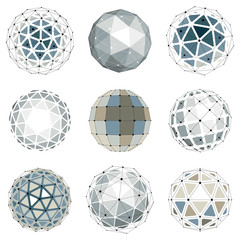 Wall Mural - Set of vector low poly spherical objects with connected lines an