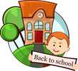 smiling boy in the background of the school building, vector illustration.