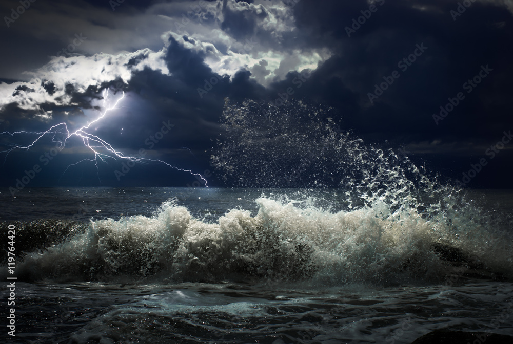dark ocean storm with lgihting and waves at night Stock Photo | Adobe Stock