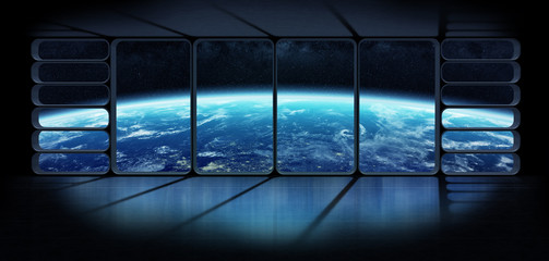 Wall Mural - View of the planet earth from a huge spaceship window 3D renderi