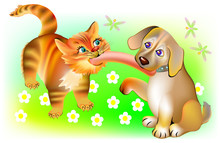 Illustration Of Cat And Dog Biting One Sausage, Vector Cartoon Image.