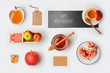 © maglara - Jewish holiday Rosh Hashana mock up template with honey jar,apples and pomegranate. View from above. Flat lay