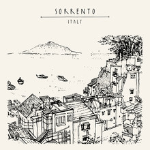 Sorrento, Italy, Europe. Above View. Vesuvio Volcano, Trees, Sea. Sketchy Line Art. Artistic Illustration Drawing. Hand Lettering. Touristic Postcard Poster Template, Book Illustration
