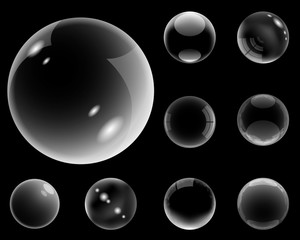 Wall Mural - Transparent bubbles set in realistic style on black background vector illustration