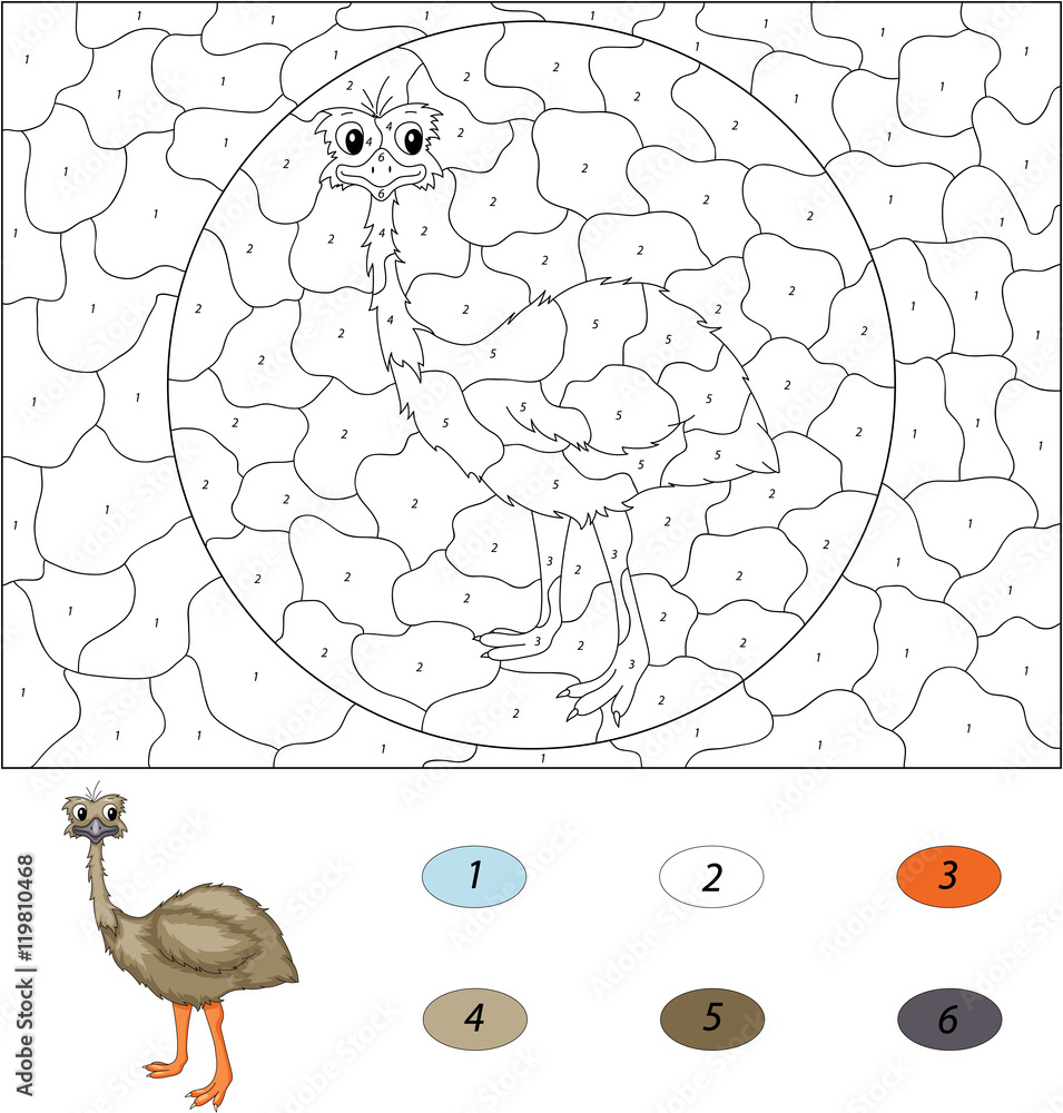 Cartoon emu. Color by number educational game for kids Stock Vector ...