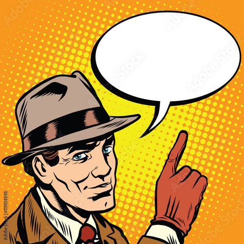 Fotografía Male spy points a finger, retro background