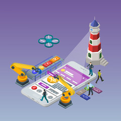 Wall Mural - mobile app development, experienced team. flat 3d isometric white phone. manipulator robot robotized