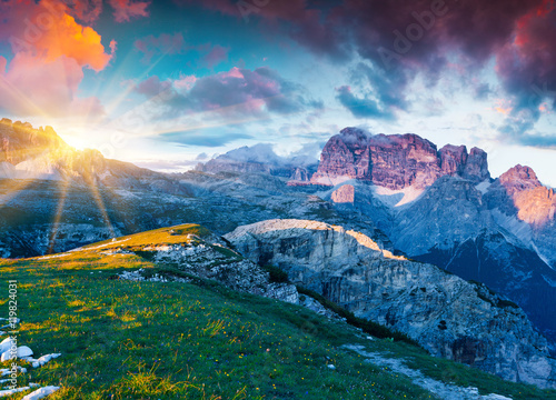 Fotografie, Tablou Colorful summer sunrise on Gruppo del Cimonega mountain range