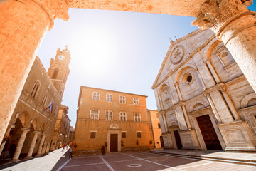 Canvas Print - Main square with cathedral and town hall in Pienza town in Tuscany region in Italy