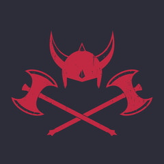 Wall Mural - Viking's Helmet and battle axes, red on dark, vector illustration