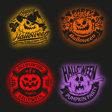 Halloween Pumpkins Logos On Halftone Background, Suitable For Use On A Dark Background.