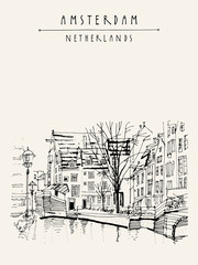 Wall Mural - Amsterdam, Holland, Netherlands Europe. View of old center with bicycles. Dutch traditional historical buildings. Hand drawing. Travel sketch. Book illustration, postcard or poster