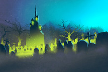 Spooky Castle,Halloween Concept,cemetery At Night,illustration Painting