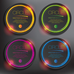 Wall Mural - Abstract vector banner set of 4. Paper round notes with circular design. Colorful and glossy on the black panel. Vector illustration. Eps10.