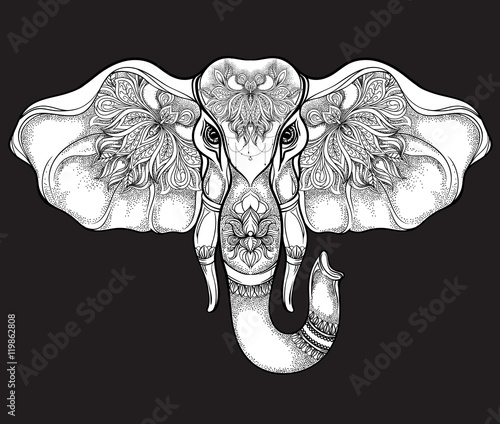 Download Hand drawn elephant head with mandala pattern on black ...