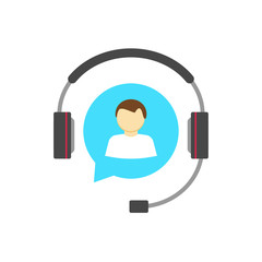 Wall Mural - Customer help desk logo concept, customer support service vector icon isolated, flat white hotline support assistance agent in blue bubble speech with headphone, operator person in headset talking