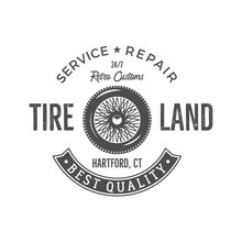 Vintage Label Design. Tire Service Emblem In Monochrome Retro Style With Vector Old Wheel And Typography Elements. Good For Tee Shirt , Prints, Car  Logo, Repair Station , Badge Etc