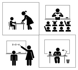 Wall Mural - Set of school and education pictograms. School and classroom. 