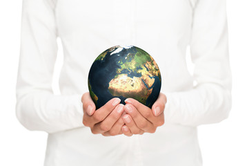 Wall Mural - environment conservation, close up of female hands holding plane