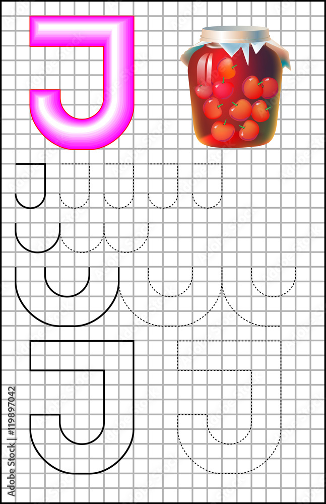 Educational page with alphabet letter J on a square paper. Developing ...