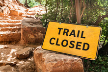 Trail Closed Sign Along Path In The Woods