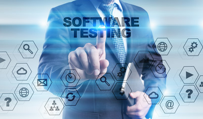 Businessman is pressing button on touch screen interface and selecting 