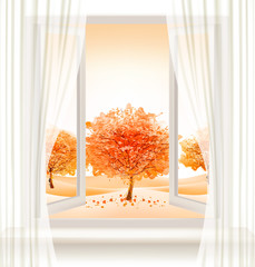 Aufkleber - Autumn background with an open window and colorful trees. Vector