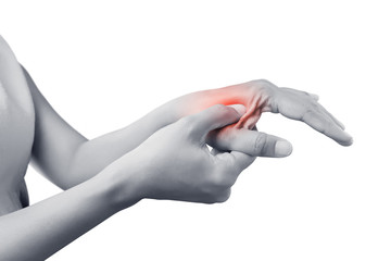 Woman massaging her painful hand isolated on a white background